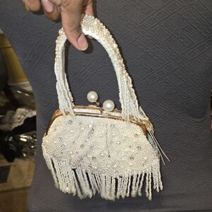 Elegant Pearl-Embellished White Handbag